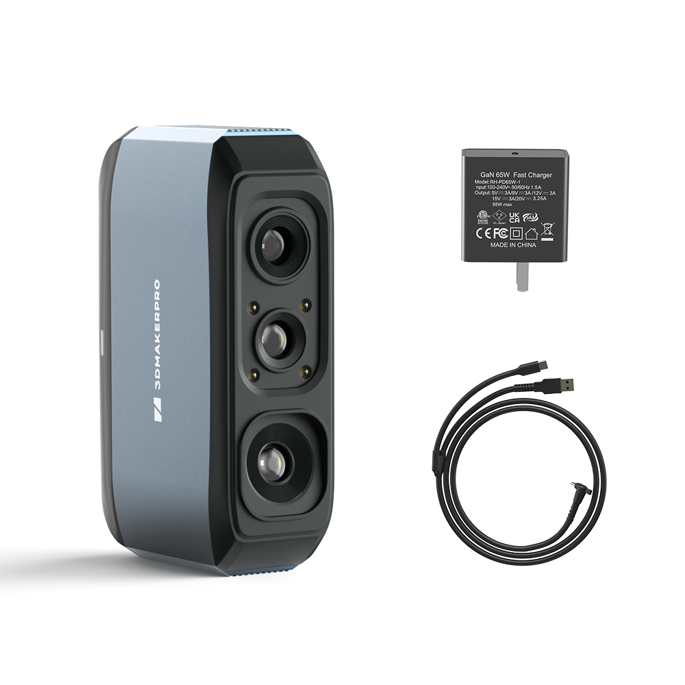 What's in the box: 3DMakerpro Moose Scanner Standard Combo with 65W fast charger and data cable.