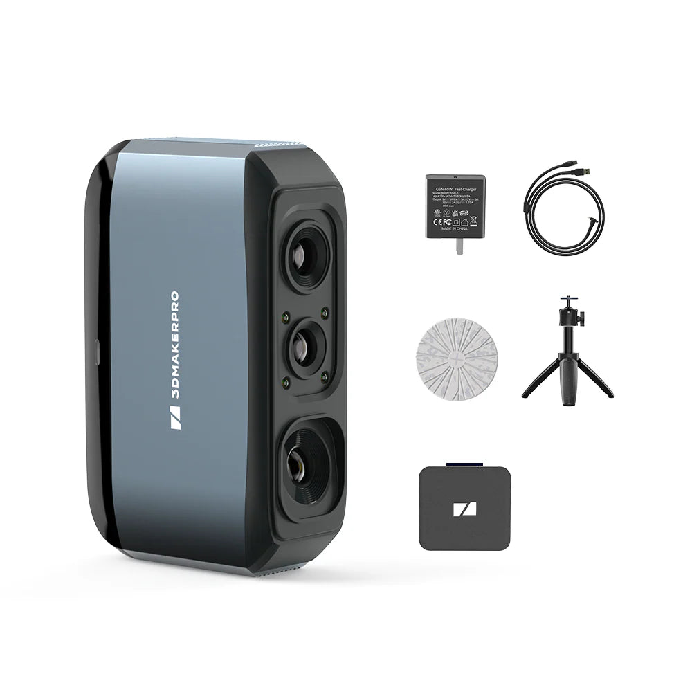 What's in the box: 3DMakerpro Moose Premium Combo with 65W charger, cable, turntable, tripod & carry bag.