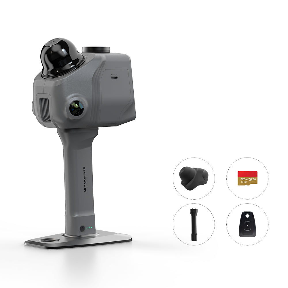 3DMakerpro Raven Max LiDAR kit featuring the dual-camera Max scanner, battery grip, 128GB TF card, base, and accessories.
