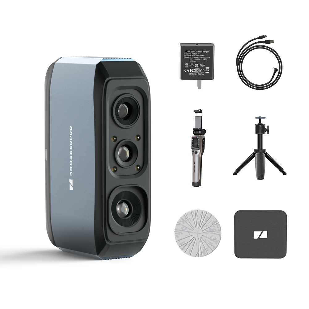 What's in the box: 3DMakerpro Moose Luxury Combo with 65W charger, cable, turntable, tripod, carry bag, and Smart Grip.