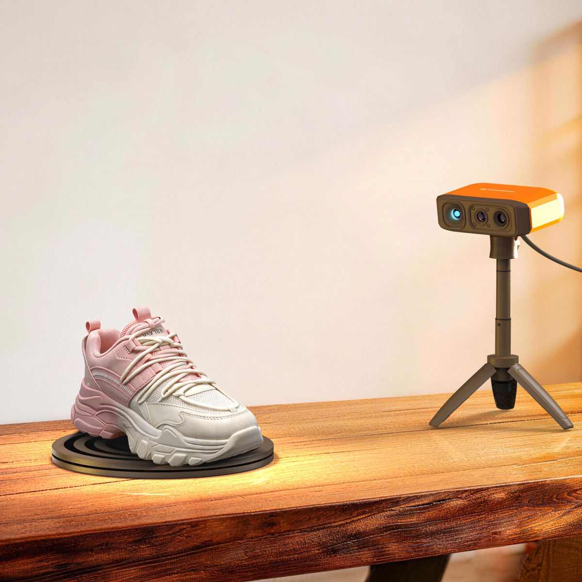 3DMakerpro Fox 3D scanner capturing detailed shoe textures. Features AI SLAM technology for seamless tracking.