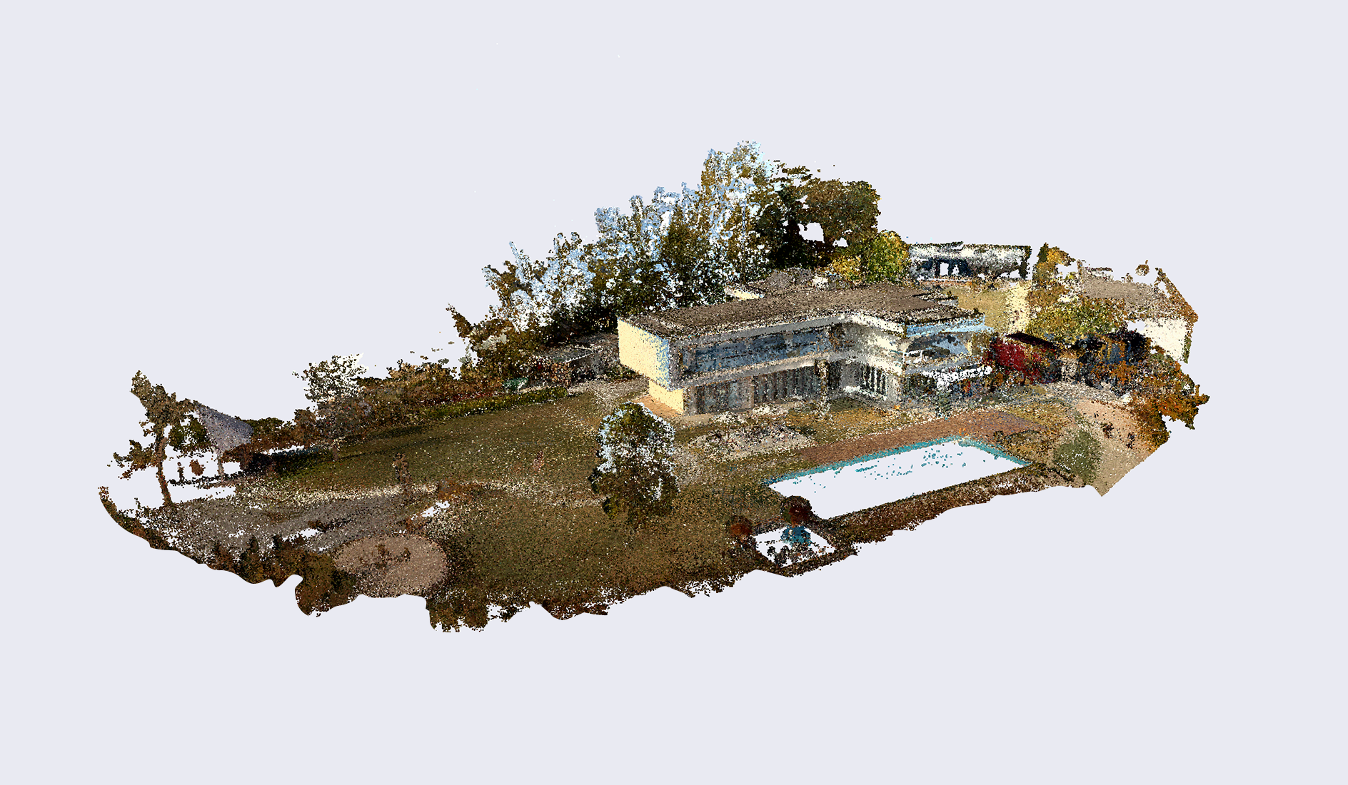 Large-scale outdoor scene capture of a house and yard featuring high-fidelity color point clouds.