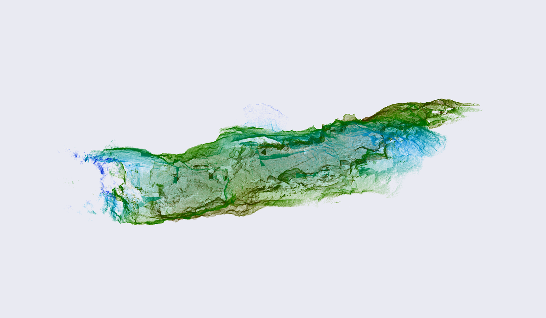 Detailed 3D point cloud scan of a rocky cliffside and natural terrain captured by 3DMakerPro Raven.