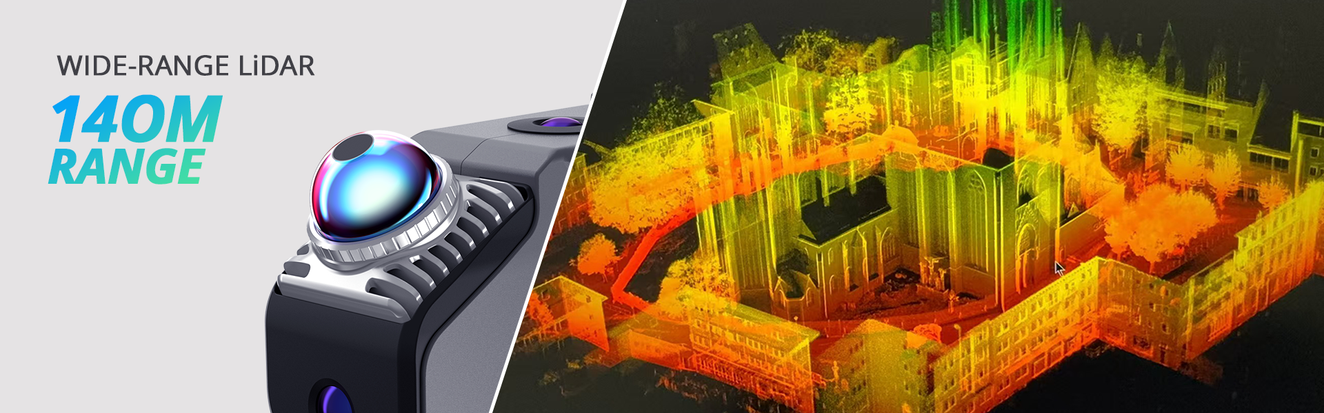 Eagle handheld LiDAR scanner capturing a 3D point cloud of a large architectural site using 140-meter wide-range LiDAR technology. 