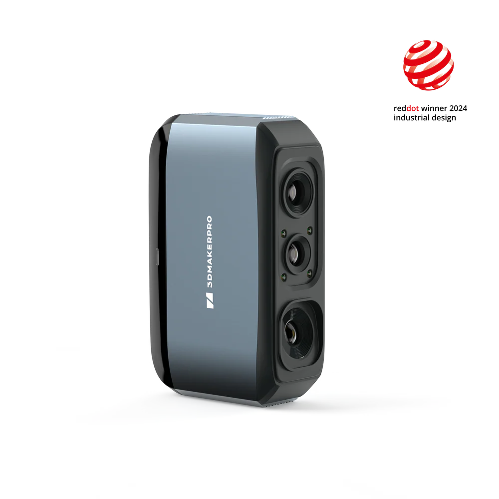 3DMakerpro Moose Scanner (Red Dot Winner 2024) featuring 0.03mm accuracy and a versatile 15-1500mm scanning range.