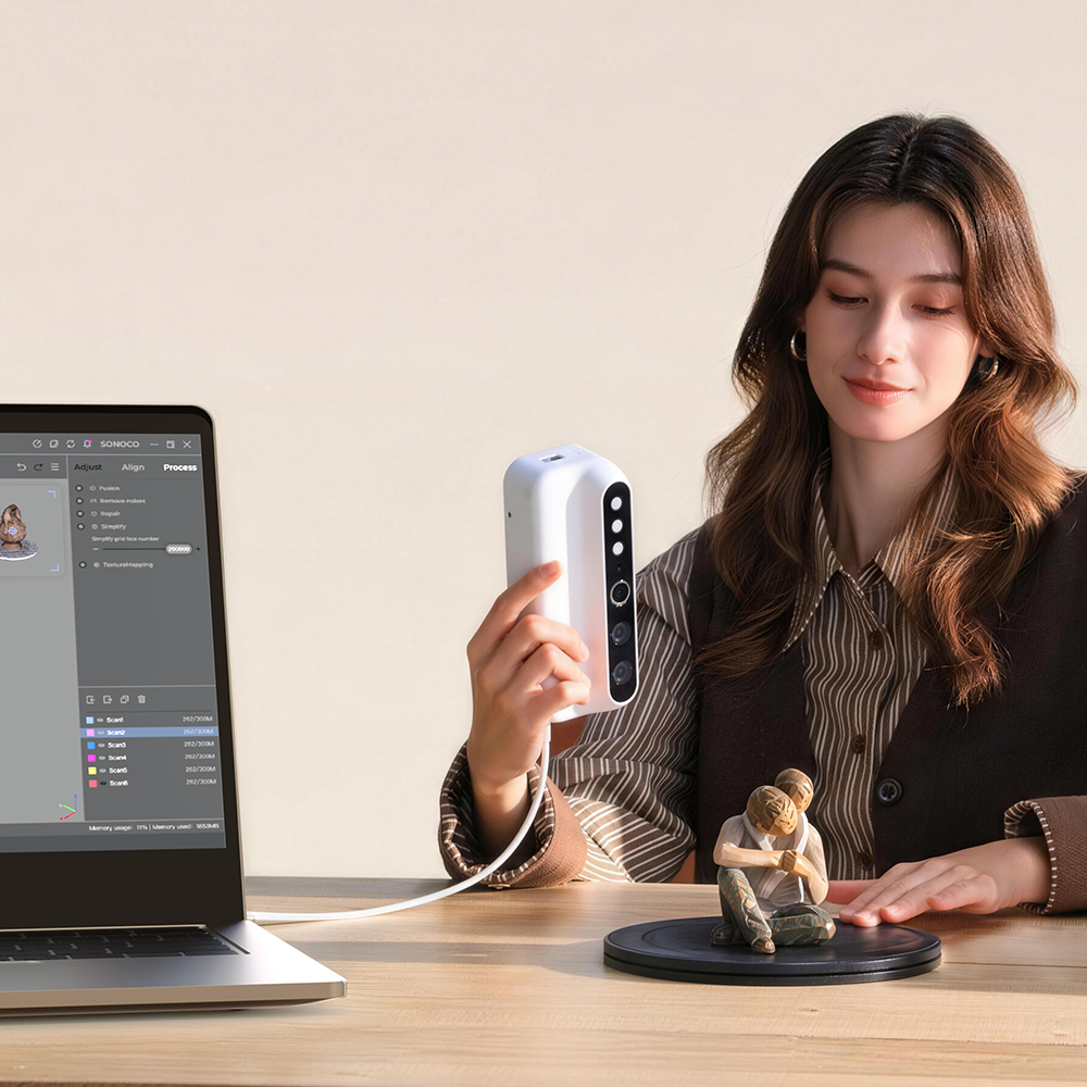 3DMakerpro Turtle 3D Scanner module captures a figurine through computer-connected split 3D scanning.